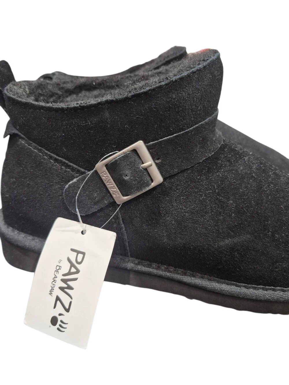 BearPaw Black Suede Shearling Ankle Boot with Buckle